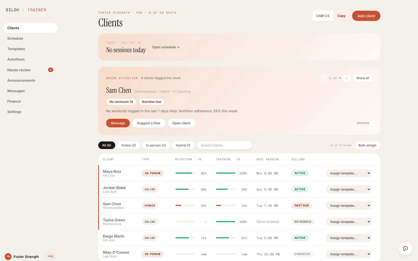 Siloh trainer portal client roster with nutrition and training adherence per client