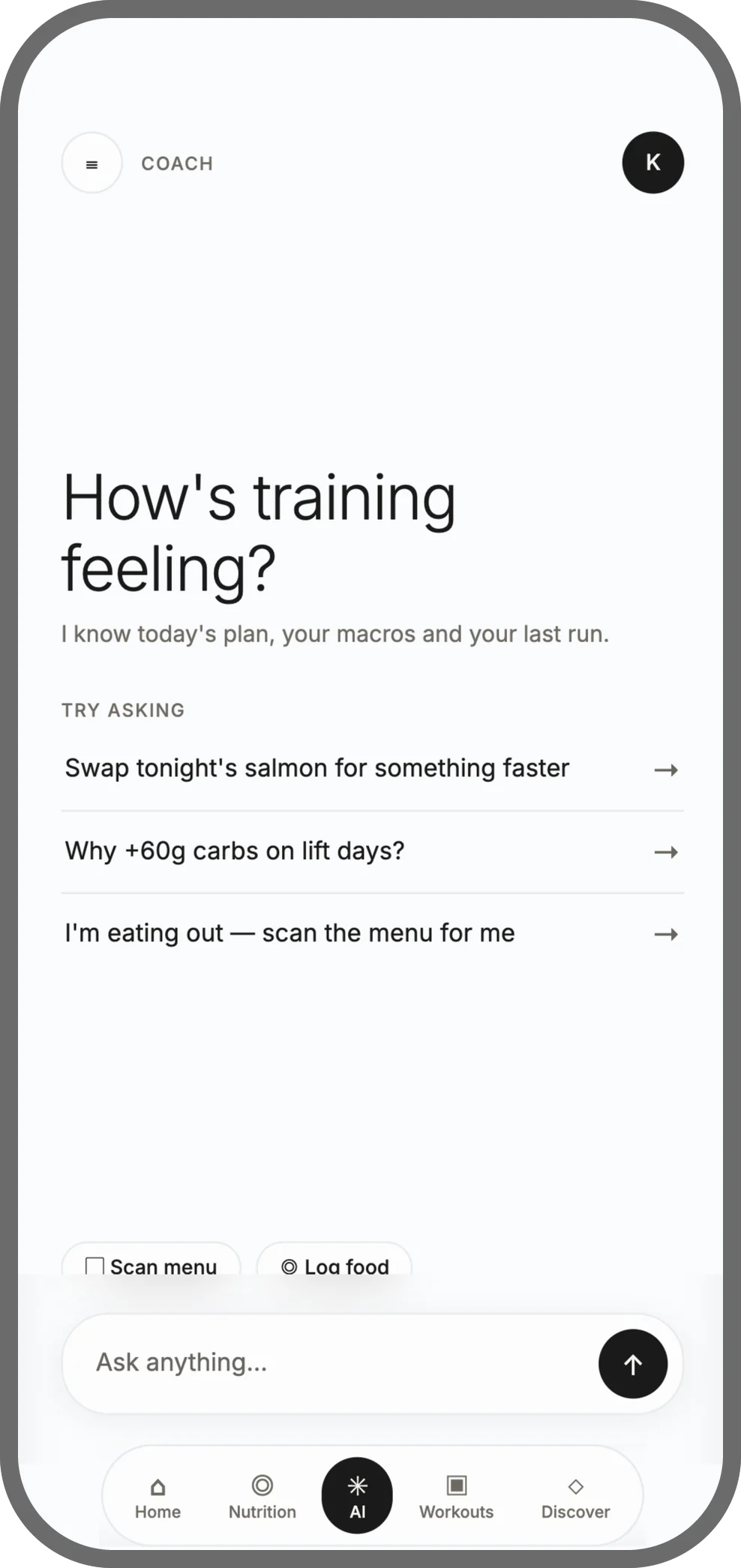 Siloh AI coach with suggested questions about training and meals