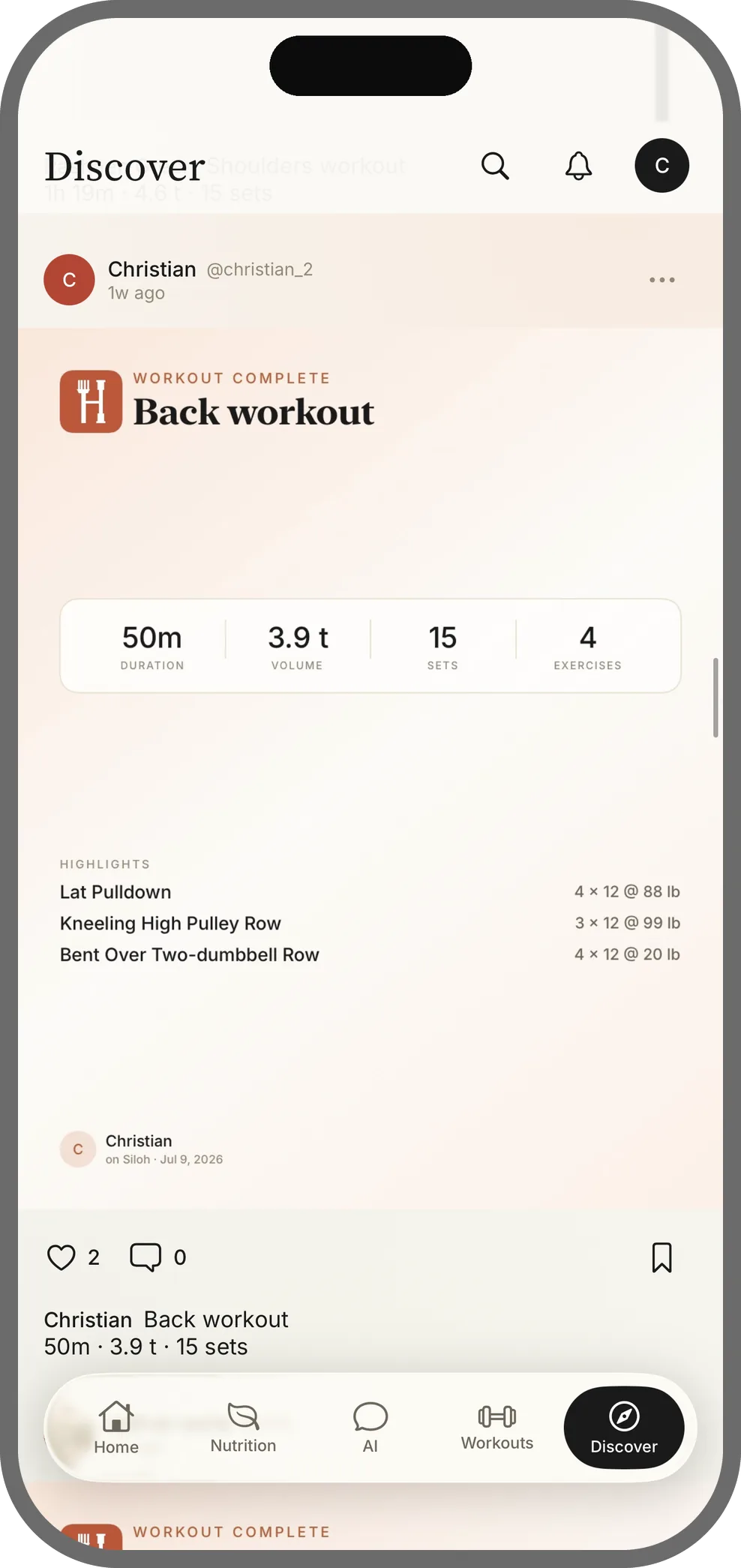 Siloh Discover feed showing a club member's completed workout