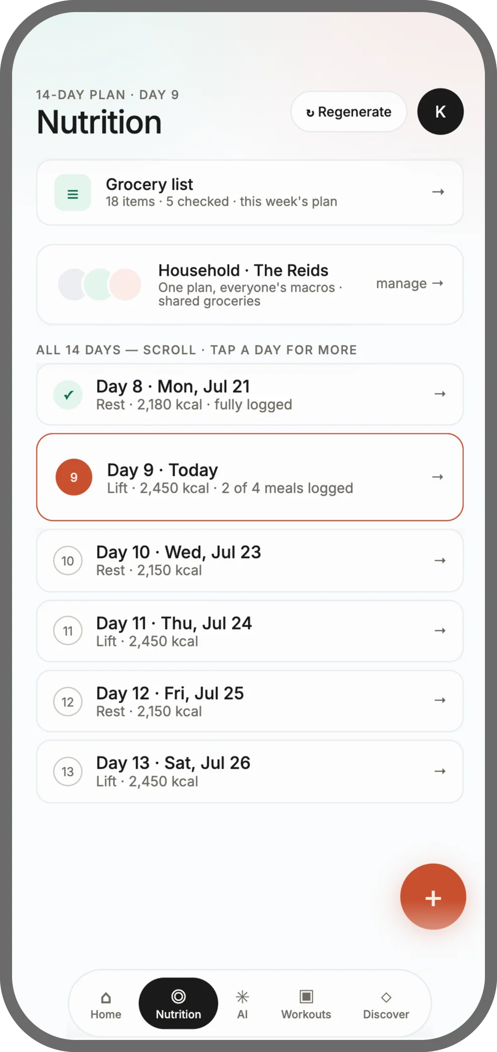 Siloh nutrition tab with the 14-day plan and grocery list