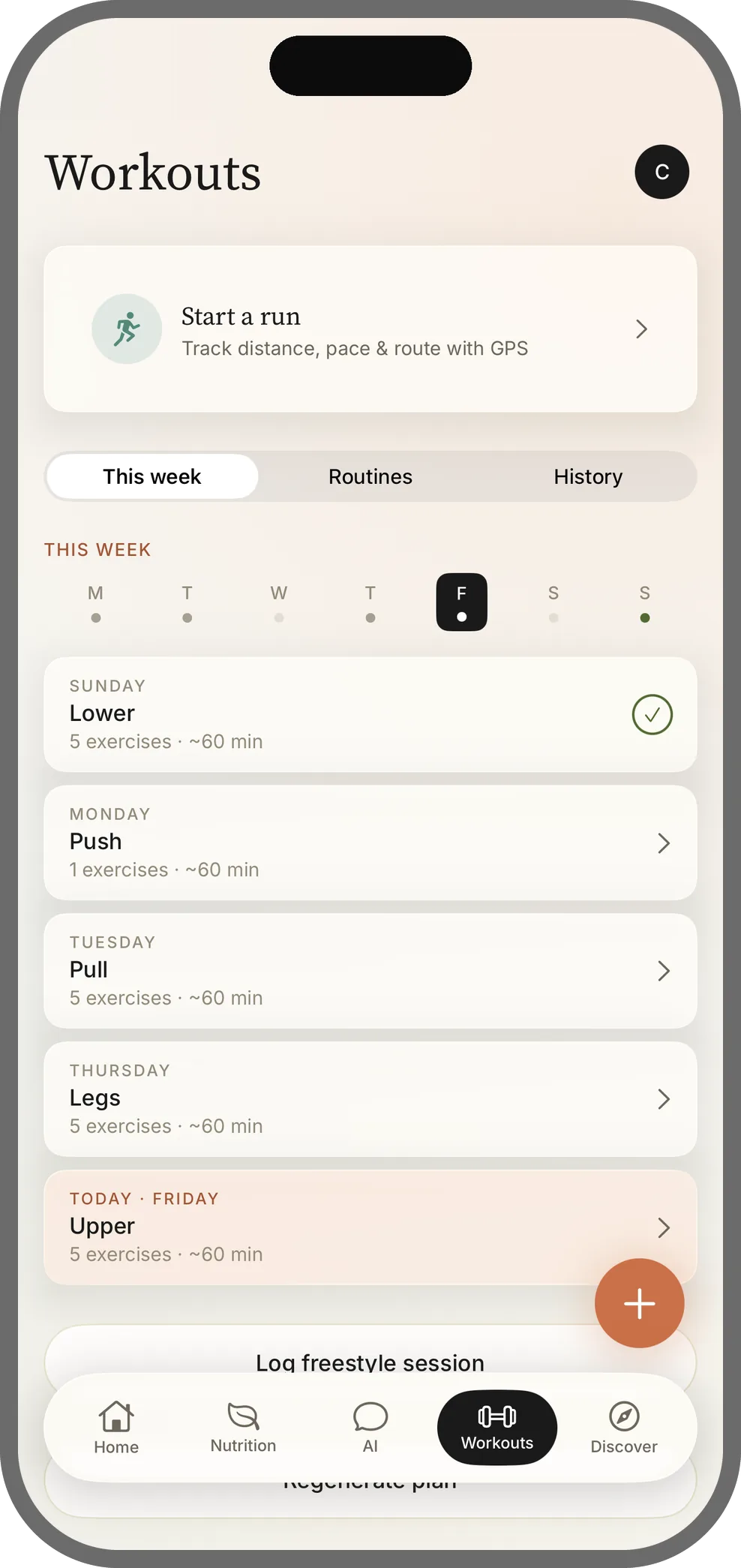 Siloh Workouts screen with this week's sessions